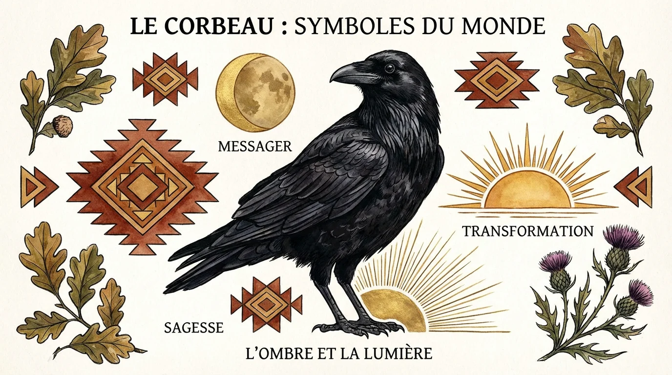 Illustration d'un corbeau noir entouré de symboles culturels amérindiens et asiatiques
