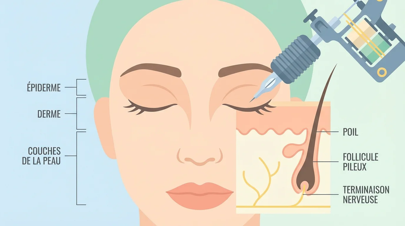 Illustration expliquant le tatouage sur la paupière et les couches de la peau