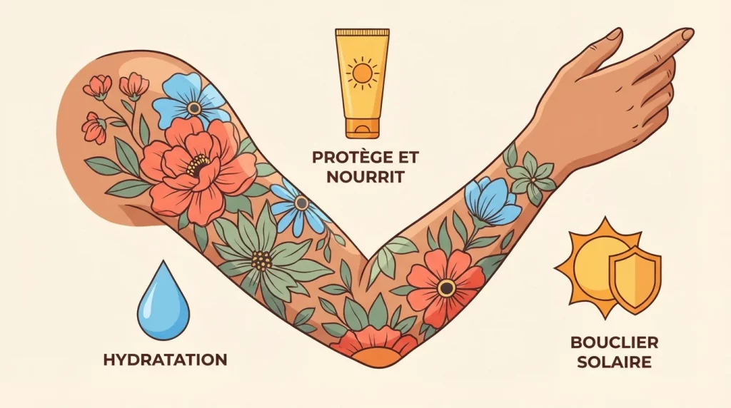 Illustration d'un bras tatoué entouré de symboles de soins : crème solaire, hydratation et protection