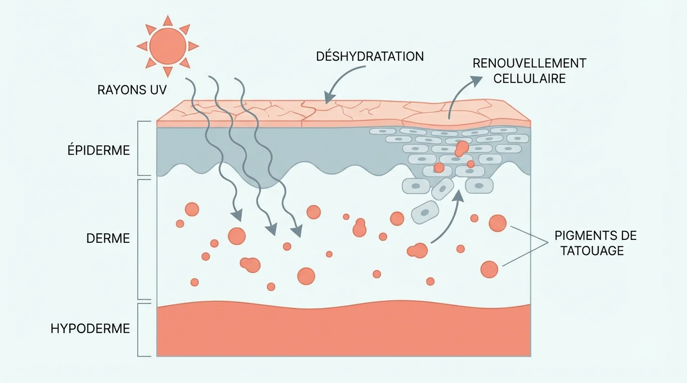 Illustration d'une coupe de peau montrant les facteurs de vieillissement d'un tatouage