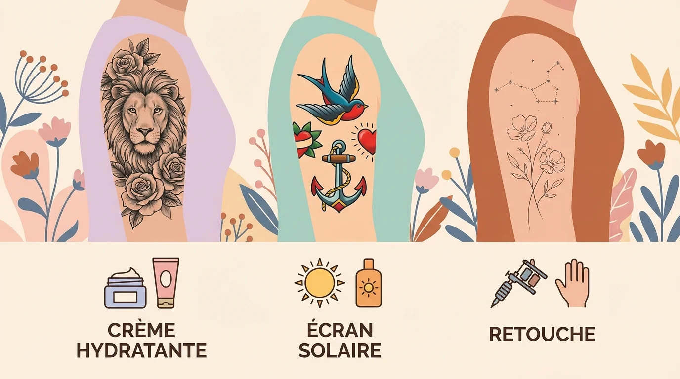 Illustration comparant l'entretien adapté à trois types de tatouages différents