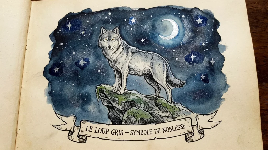 Illustration d'un loup majestueux sous la lune, symbole de force et de liberté dans le tatouage