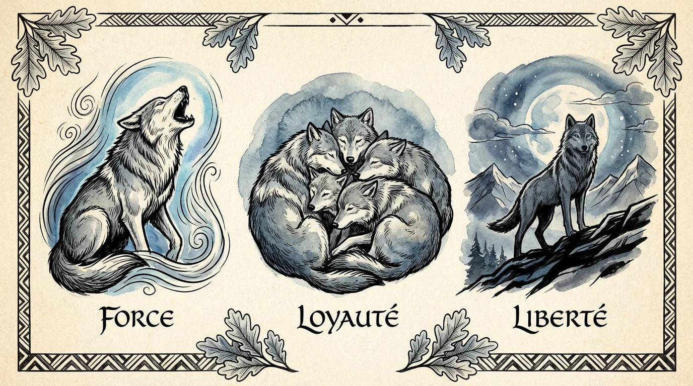 Illustration des trois significations principales du tatouage loup : force, loyauté et liberté