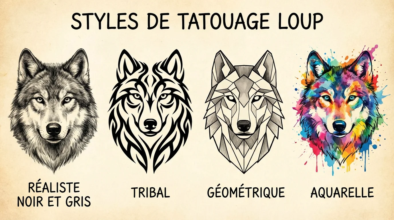 Comparaison des principaux styles artistiques pour un tatouage loup : réaliste, tribal, géométrique et aquarelle