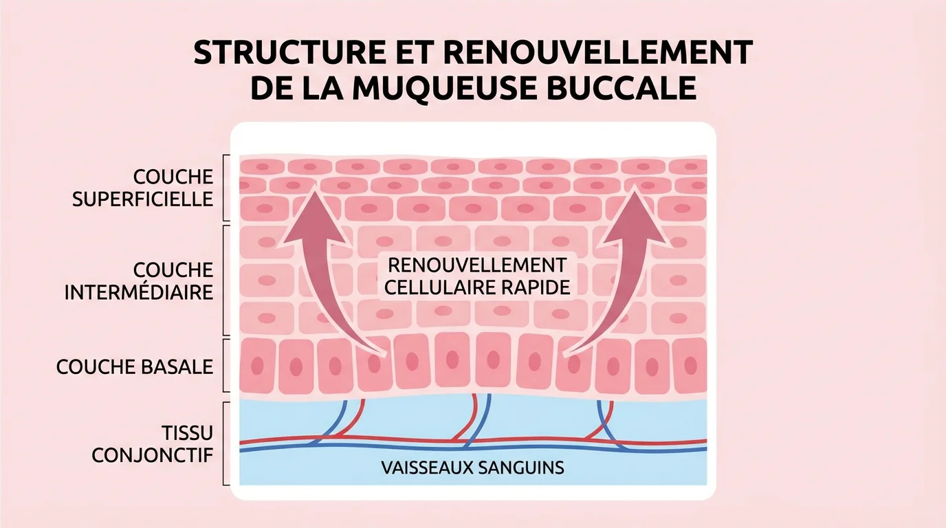 Illustration de la muqueuse buccale interne montrant le renouvellement cellulaire rapide