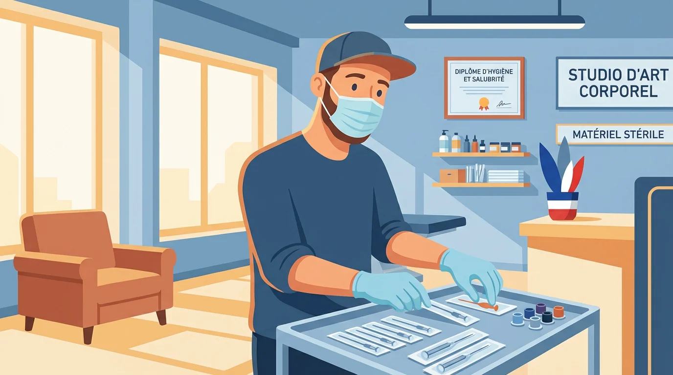 Illustration d'un tatoueur professionnel préparant son matériel stérile dans un studio d'hygiène