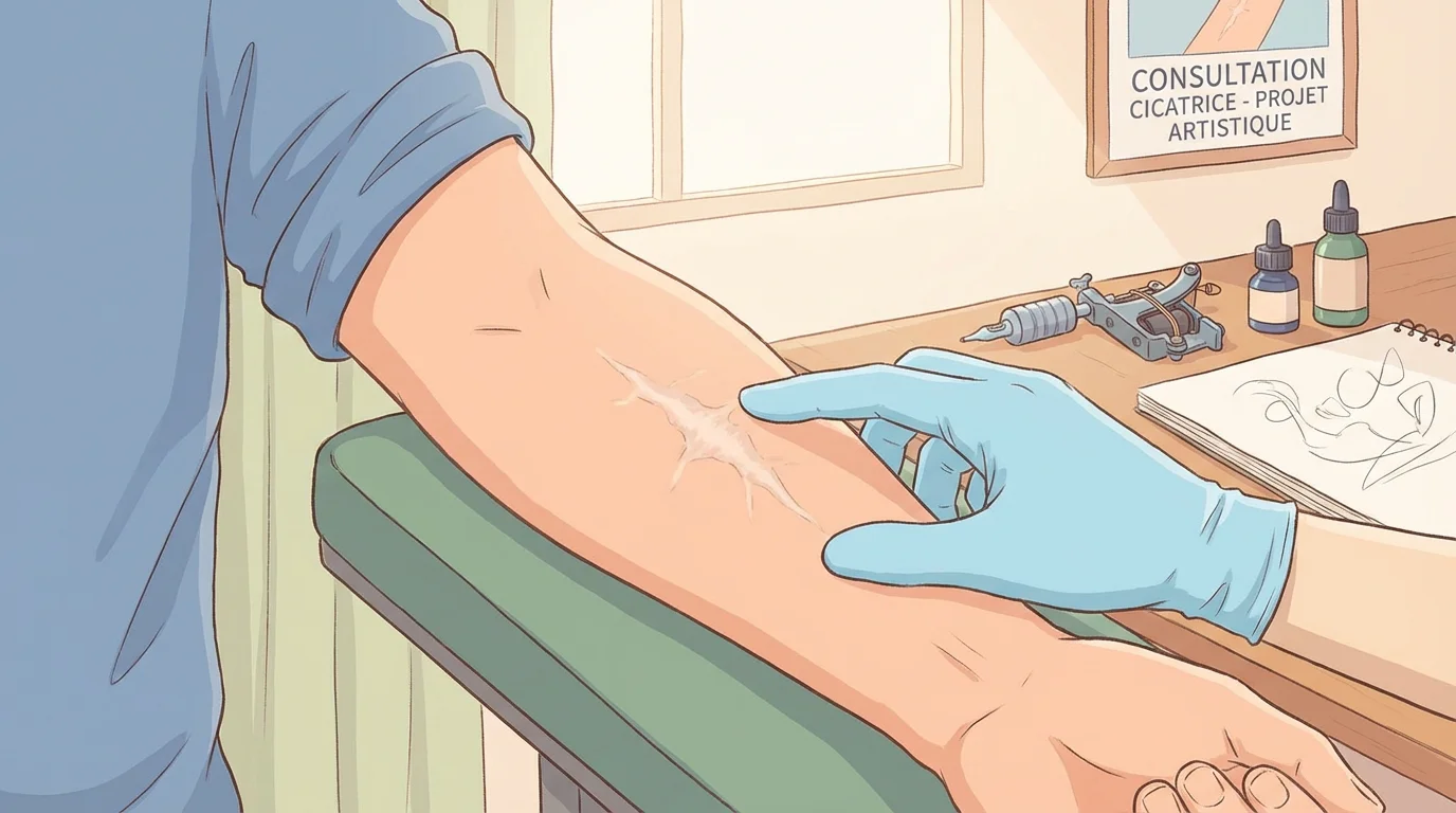 Illustration d'un tatoueur examinant une cicatrice sur l'avant-bras avant un tatouage réparateur