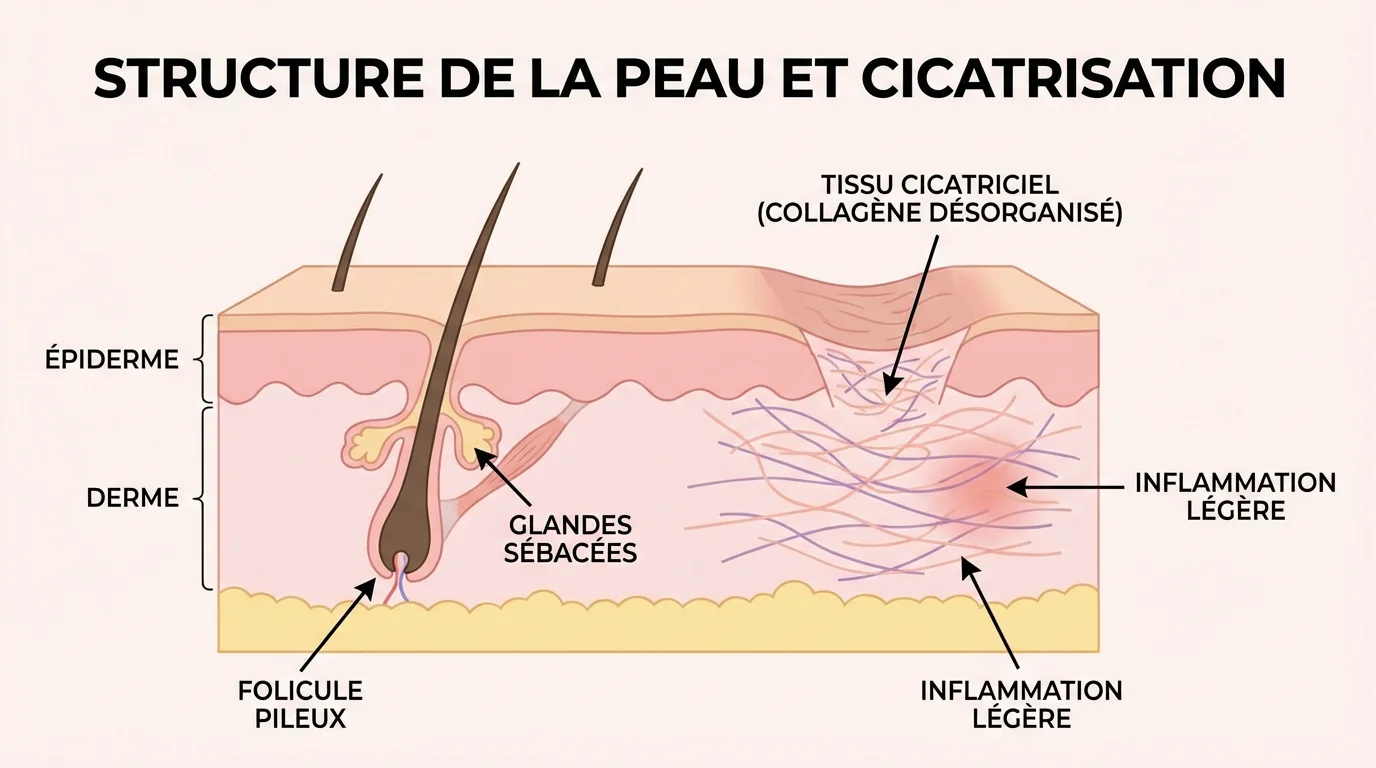 Illustration en coupe de la peau montrant la différence entre tissu cicatriciel et peau saine