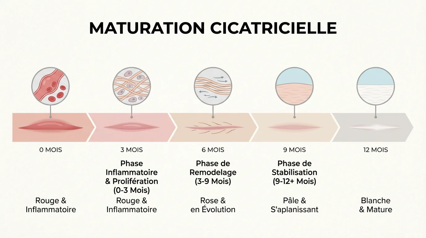 Illustration d'une frise chronologique montrant les étapes de maturation d'une cicatrice sur 12 mois