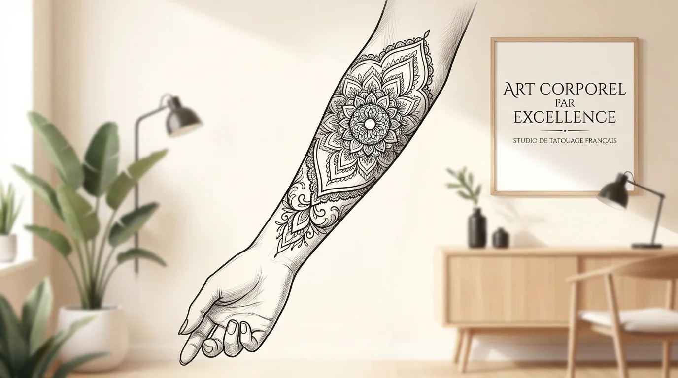 Illustration d'un bras féminin avec un tatouage ornemental élégant composé de mandalas et dentelles