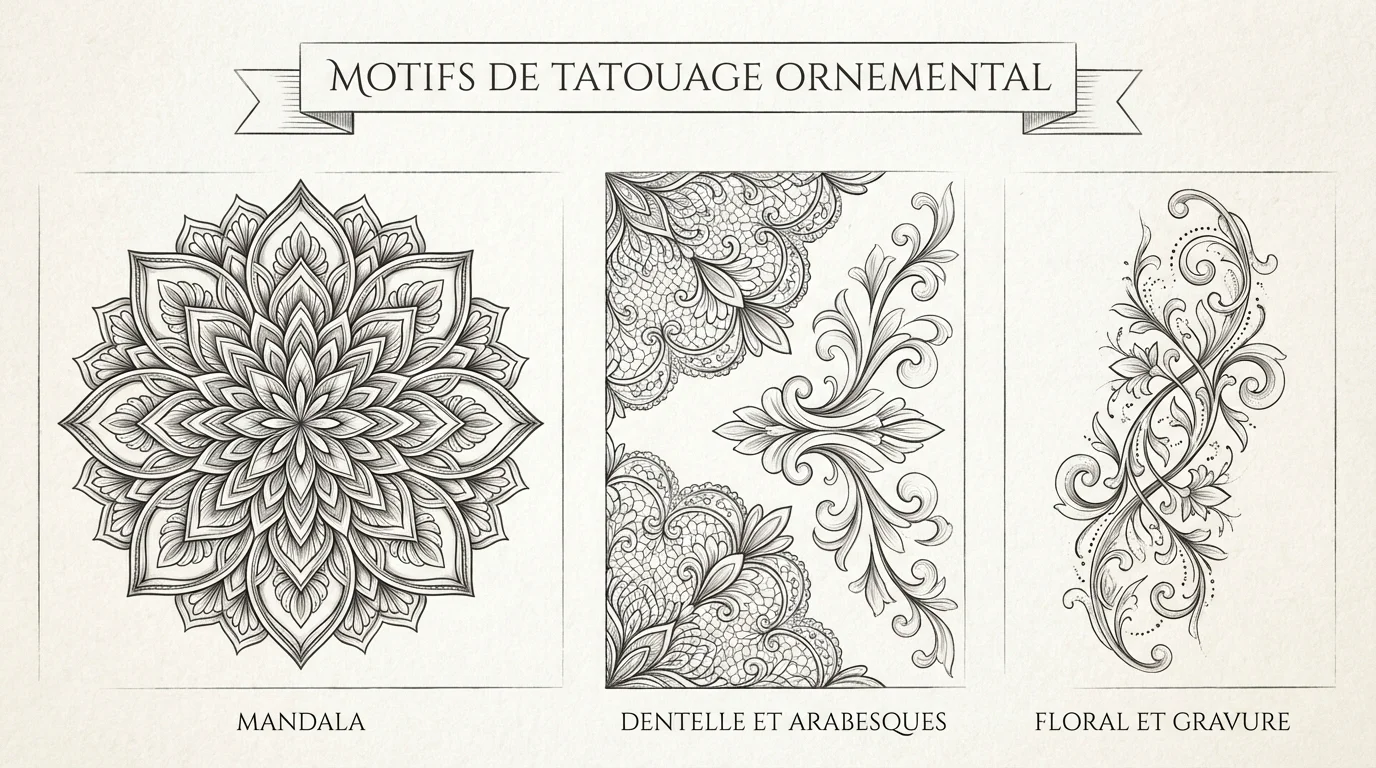 Illustration de motifs de tatouage ornemental : mandala, dentelle et arabesques florales en noir et gris