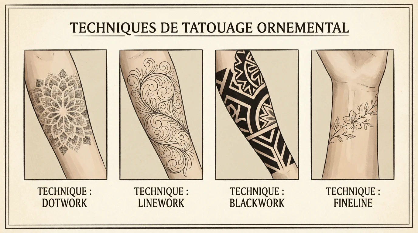Illustration comparative des techniques de tatouage ornemental : dotwork, linework, blackwork et fineline