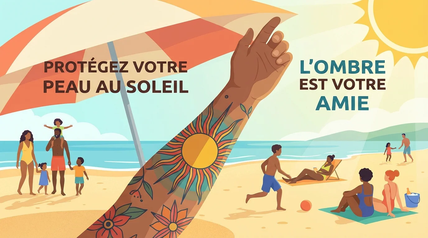 Illustration d'un bras tatoué d'un motif soleil protégé sous un parasol sur une plage ensoleillée