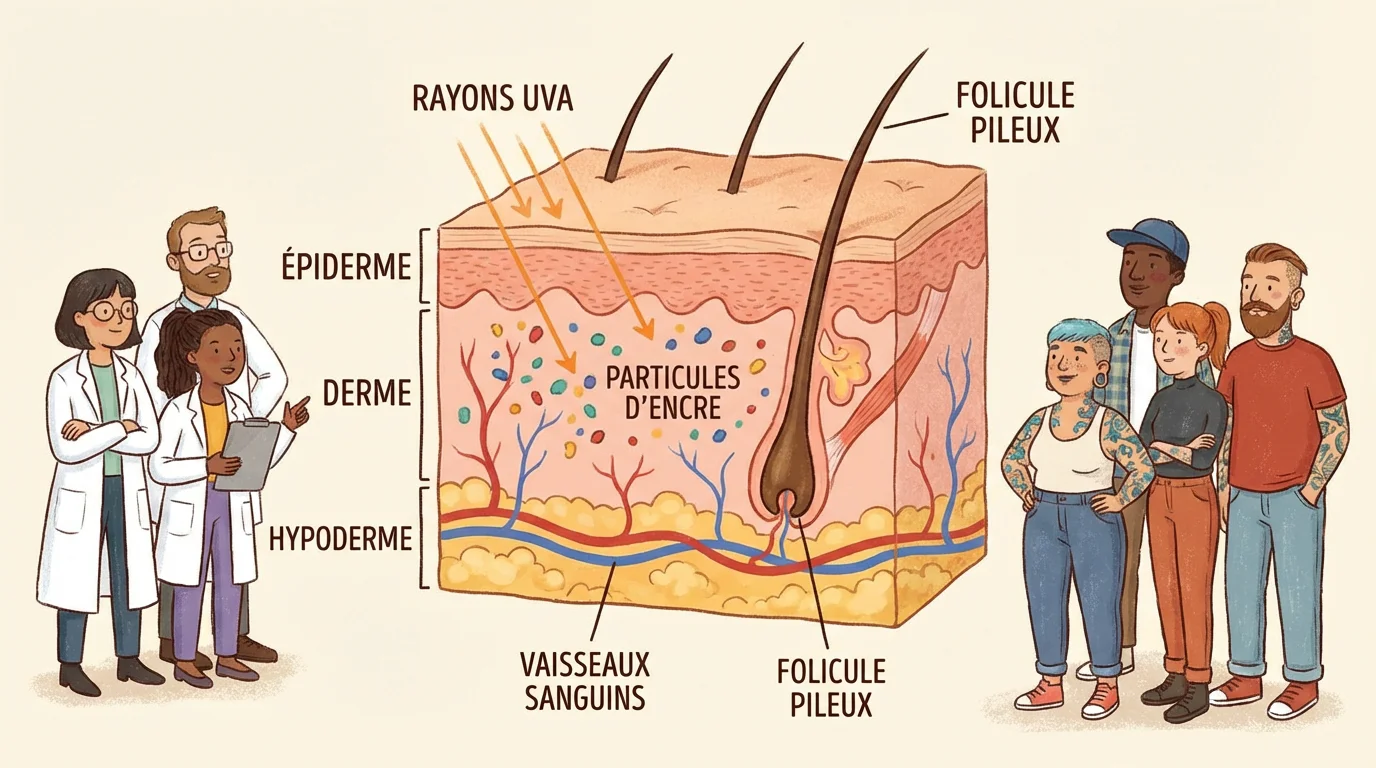 Illustration montrant les rayons UV traversant les couches de la peau pour atteindre l'encre du tatouage dans le derme