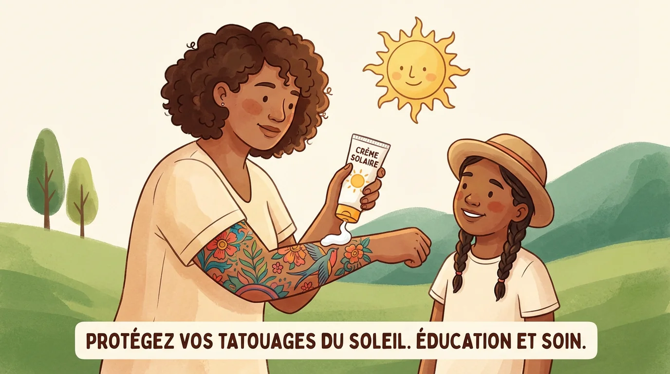 Illustration d'une personne appliquant de la crème solaire sur un tatouage coloré à l'avant-bras en extérieur