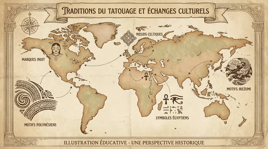 Carte du monde illustrée montrant les traditions de tatouage à travers les continents et les époques