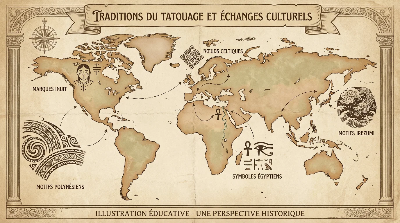 Carte du monde illustrée montrant les traditions de tatouage à travers les continents et les époques