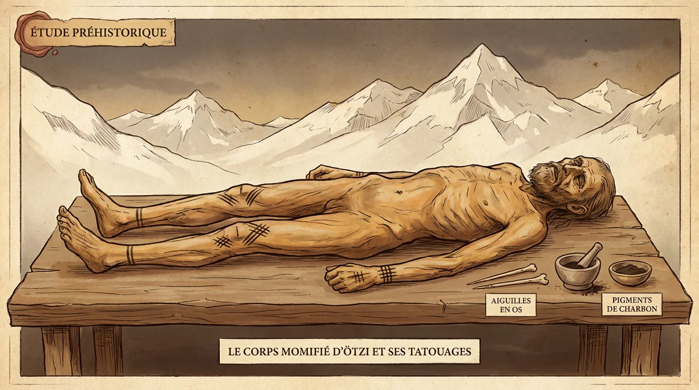 Illustration éducative représentant Ötzi, l'homme des glaces, avec ses tatouages thérapeutiques visibles sur les articulations