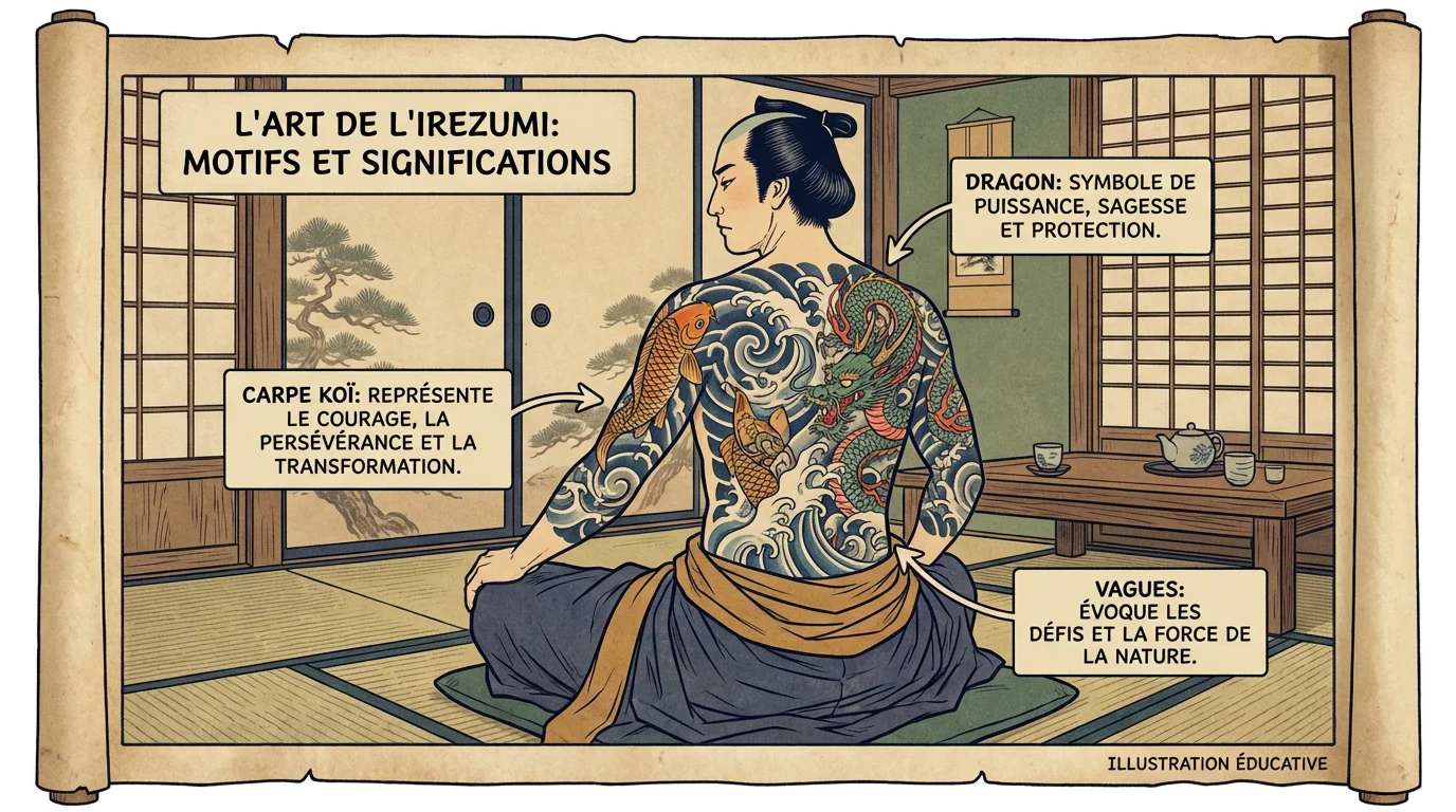 Illustration éducative d'un tatouage irezumi japonais traditionnel avec motifs de carpes koï et dragons