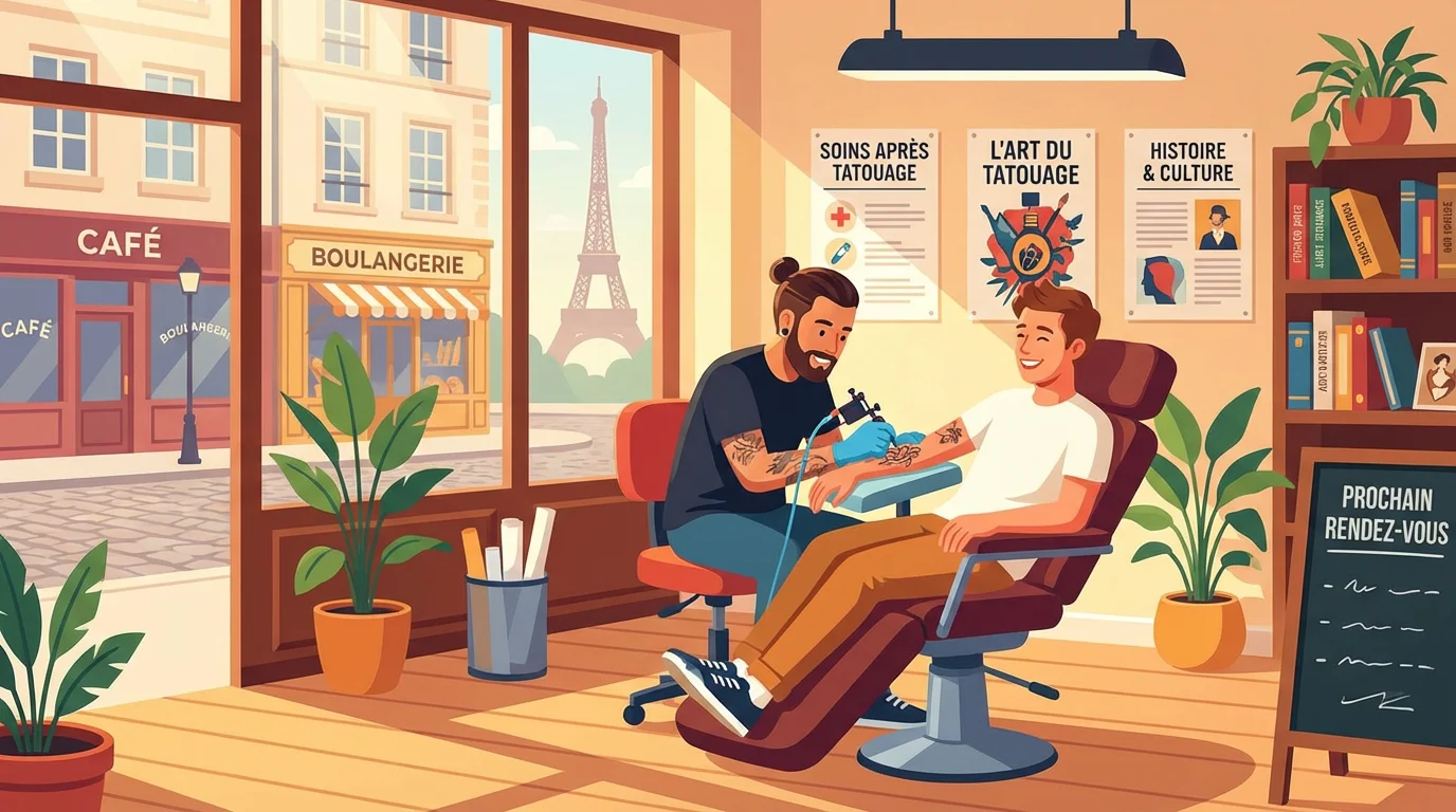 Illustration d'un salon de tatouage moderne en France avec un artiste au travail