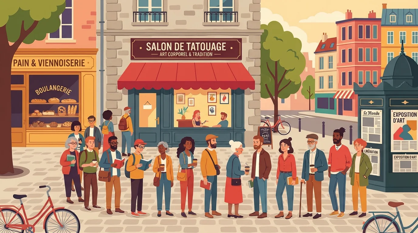 Illustration d'une file d'attente devant un salon de tatouage en France
