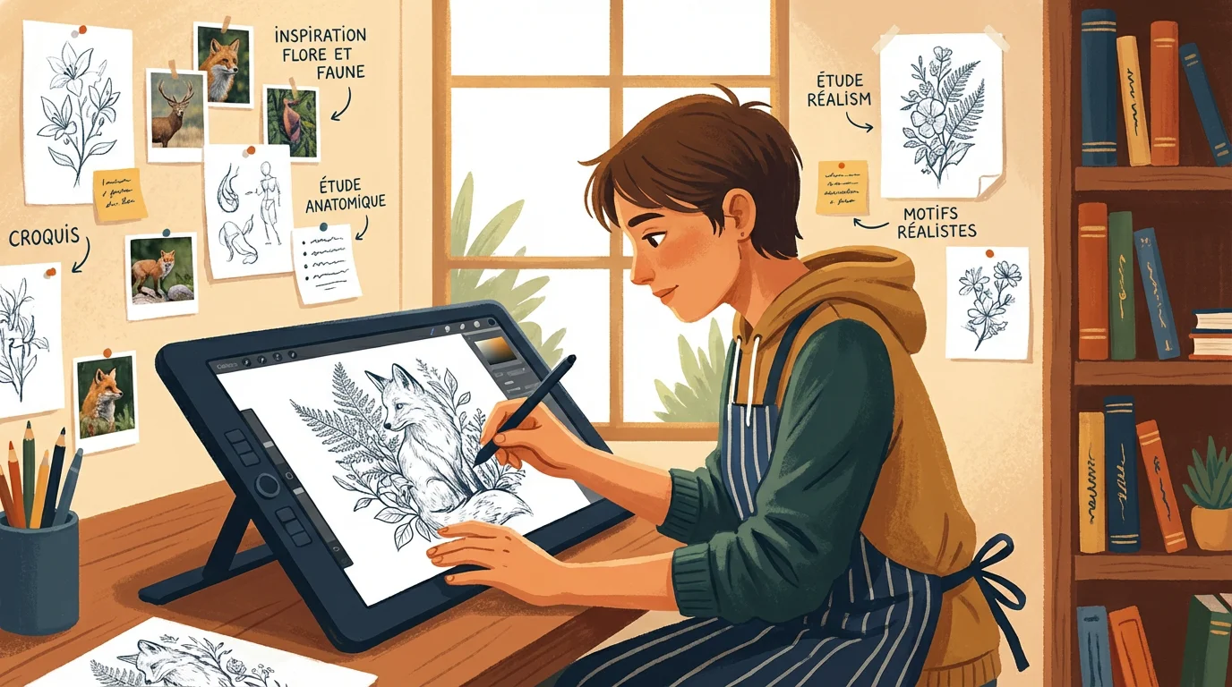 Illustration d'un tatoueur créant un dessin réaliste sur tablette dans son atelier