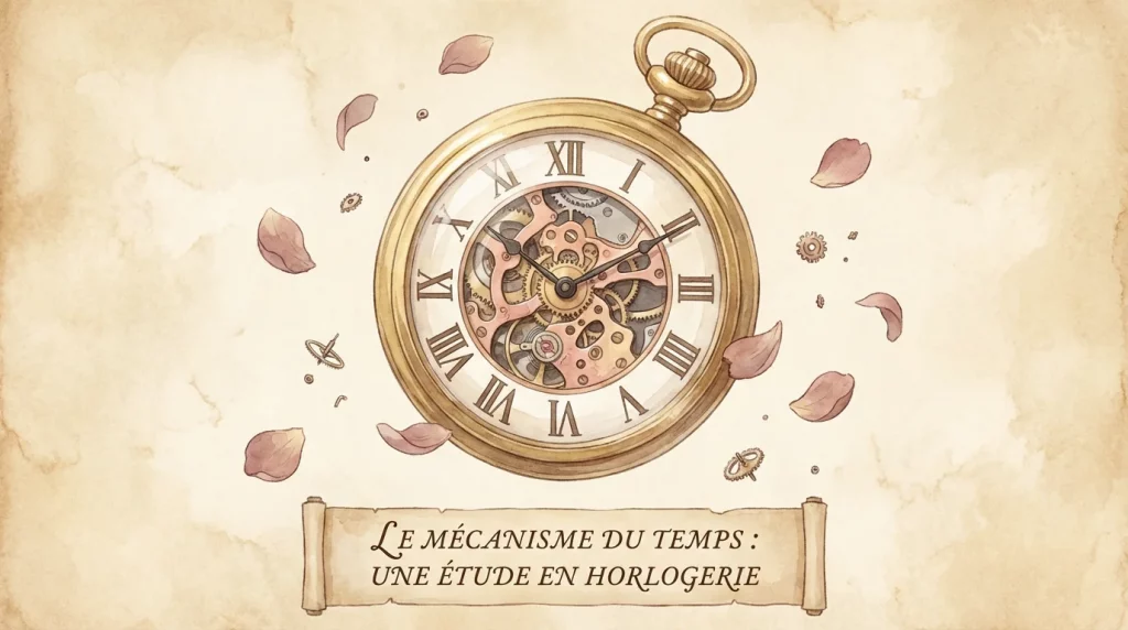 Illustration chaleureuse d'une montre à gousset ornée entourée de rouages et de pétales de rose sur fond parchemin