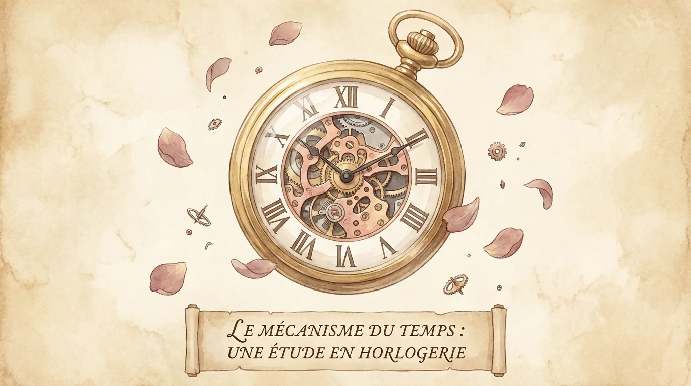 Illustration chaleureuse d'une montre à gousset ornée entourée de rouages et de pétales de rose sur fond parchemin