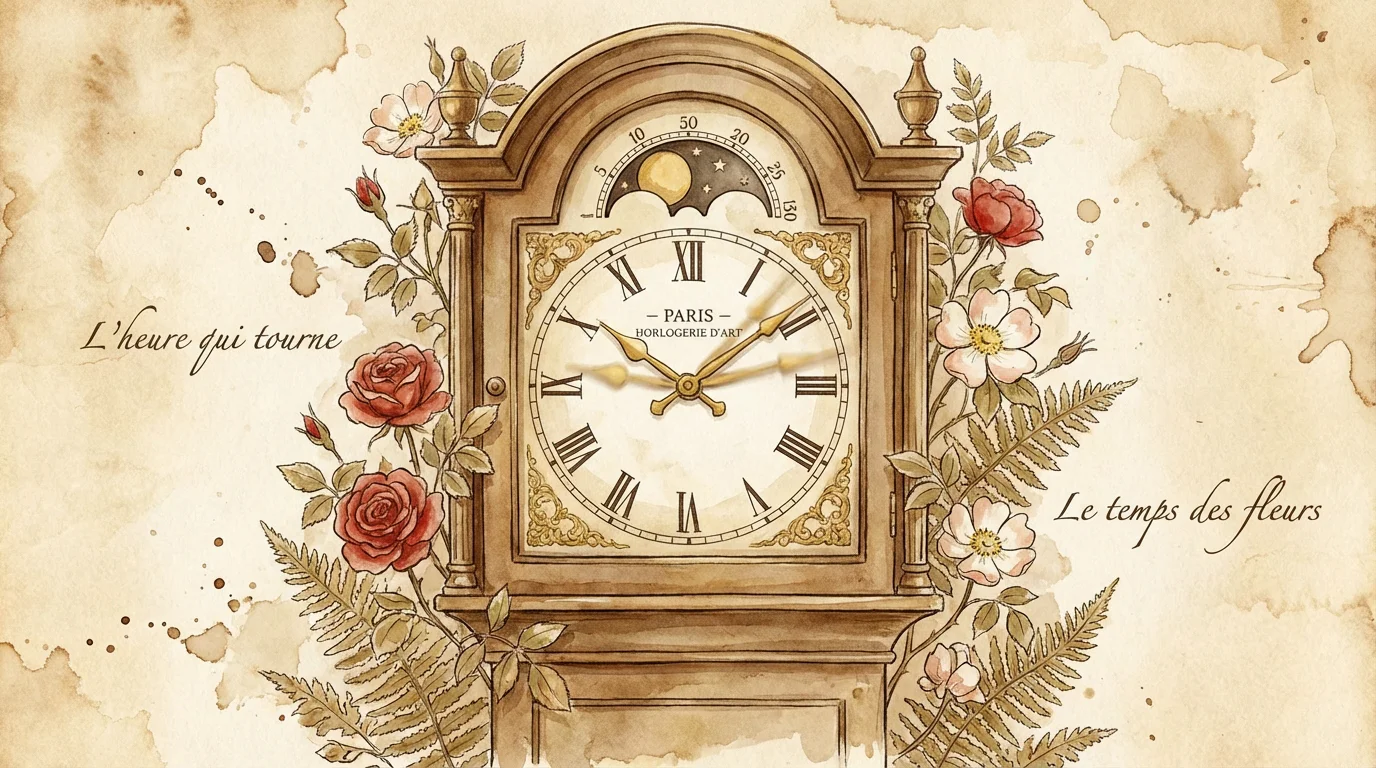 Illustration aquarelle d'une horloge vintage entourée de roses symbolisant le temps qui passe