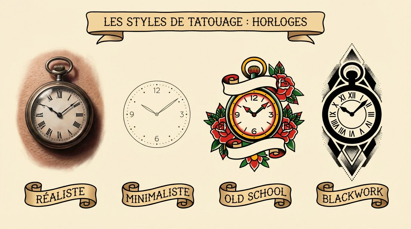 Illustration comparant quatre styles de tatouage horloge : réaliste, minimaliste, old school et blackwork