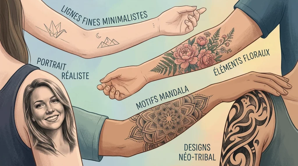 Illustration présentant différents styles de tatouage tendances : minimaliste, réaliste, floral, mandala et néo tribal