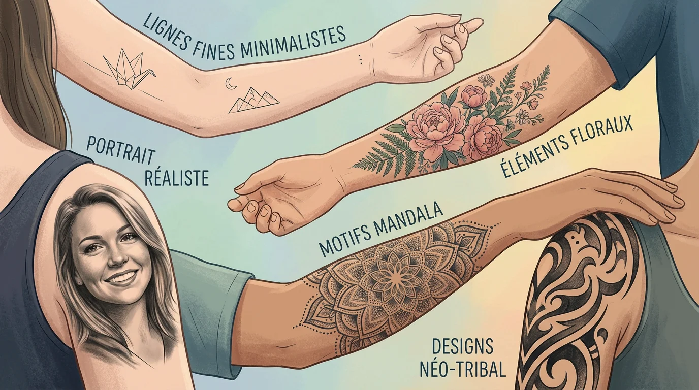 Illustration présentant différents styles de tatouage tendances : minimaliste, réaliste, floral, mandala et néo tribal