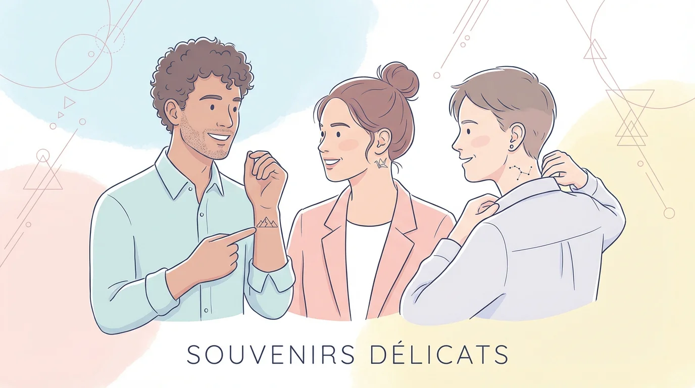 Illustration de personnes diverses arborant des tatouages minimalistes sur le poignet et derrière l'oreille