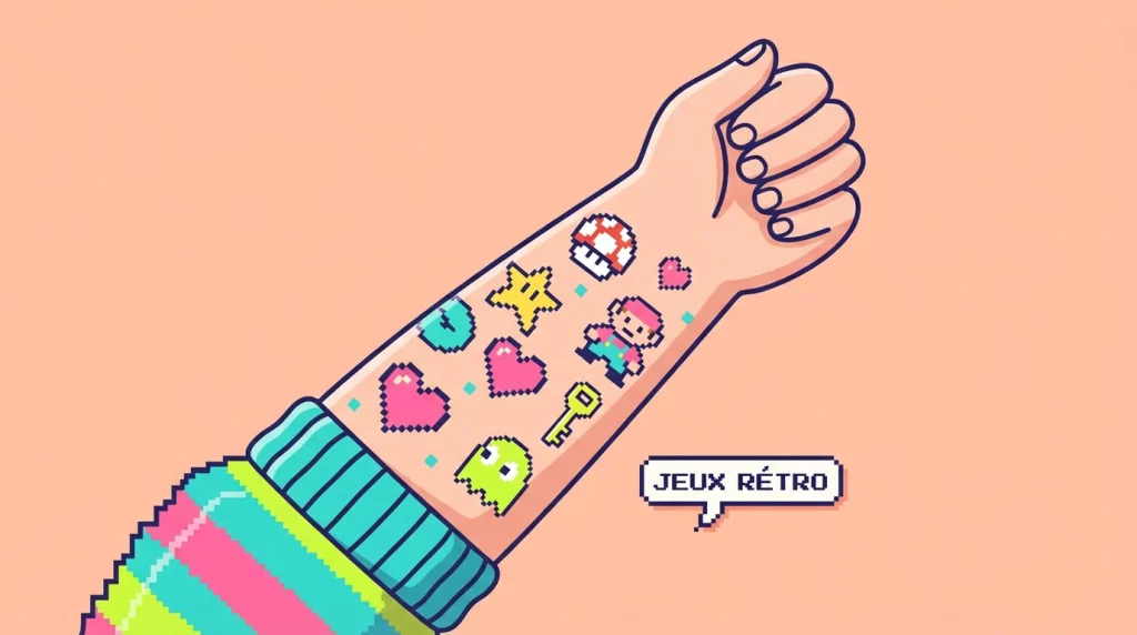 Illustration d'un avant-bras avec des tatouages pixel art rétro gaming colorés