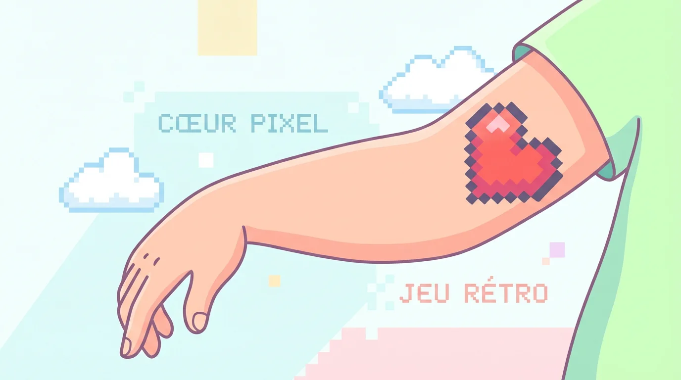 Illustration d'un bras avec un tatouage pixel en forme de cœur de jeu vidéo rétro