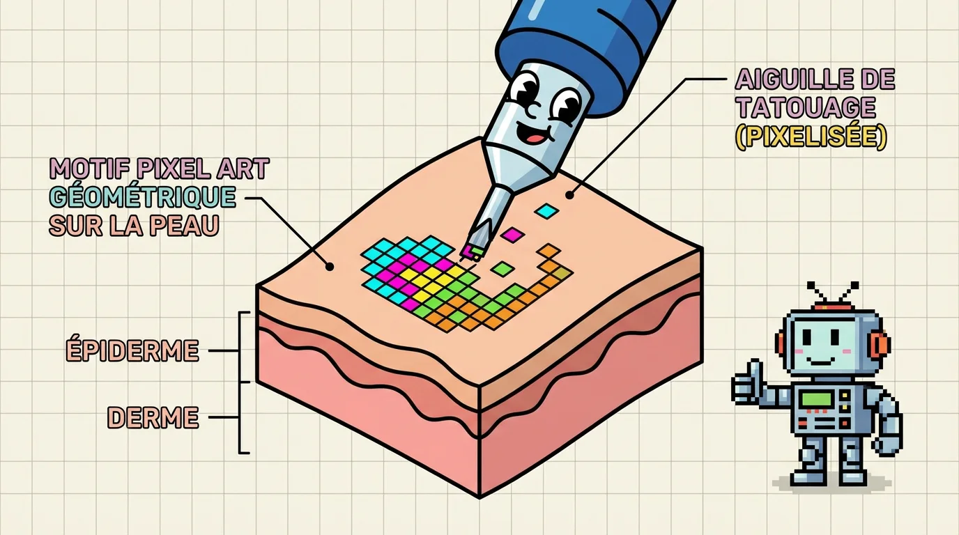 Illustration montrant la technique de tatouage pixel avec des carrés de couleur alignés sur la peau