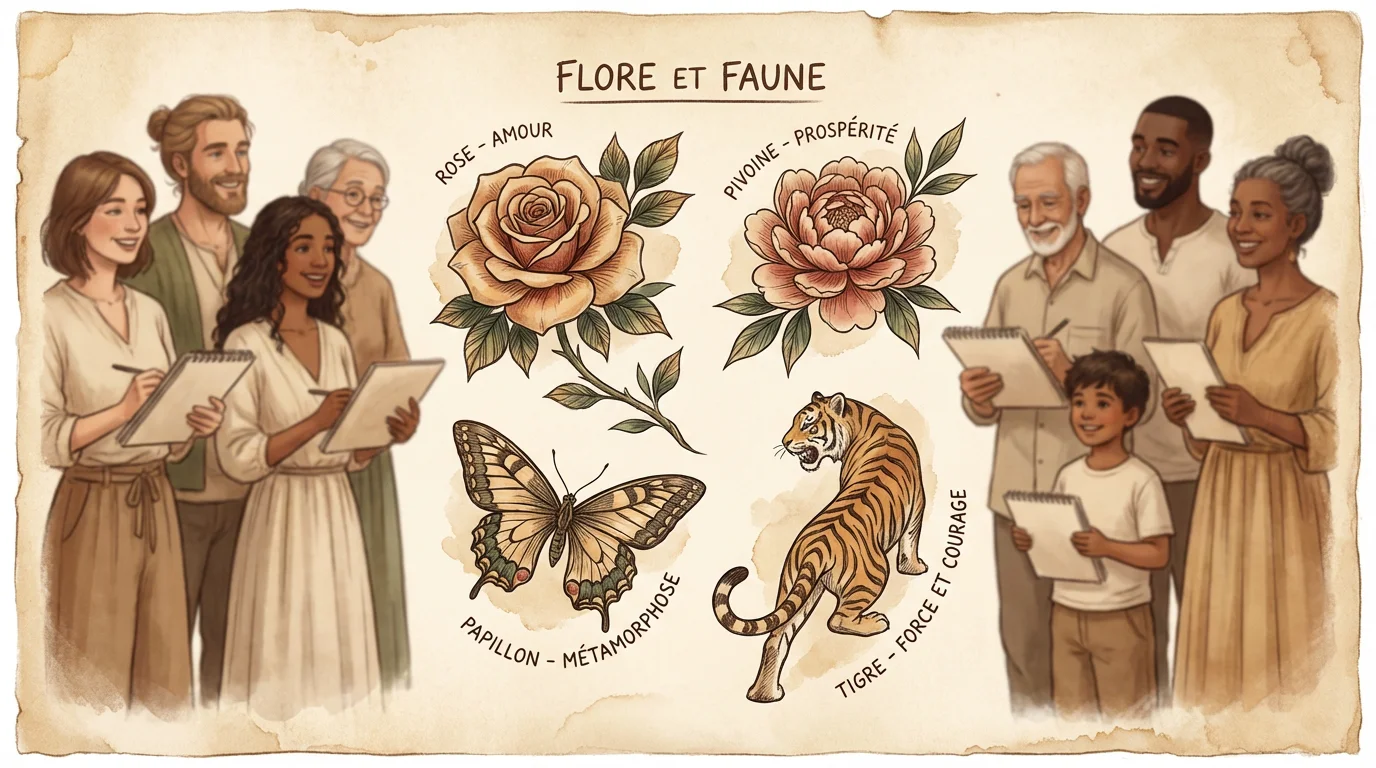 Illustration de tatouages floraux et animaliers populaires en France