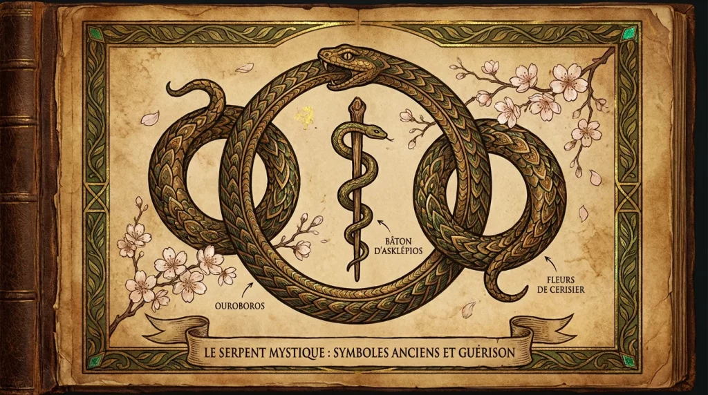 Illustration d'un serpent entouré de symboles mythologiques représentant les significations du tatouage serpent