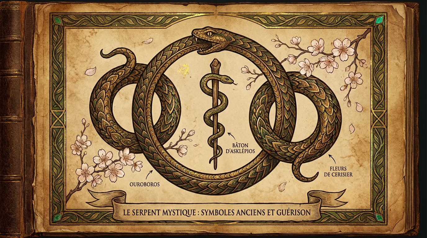 Illustration d'un serpent entouré de symboles mythologiques représentant les significations du tatouage serpent