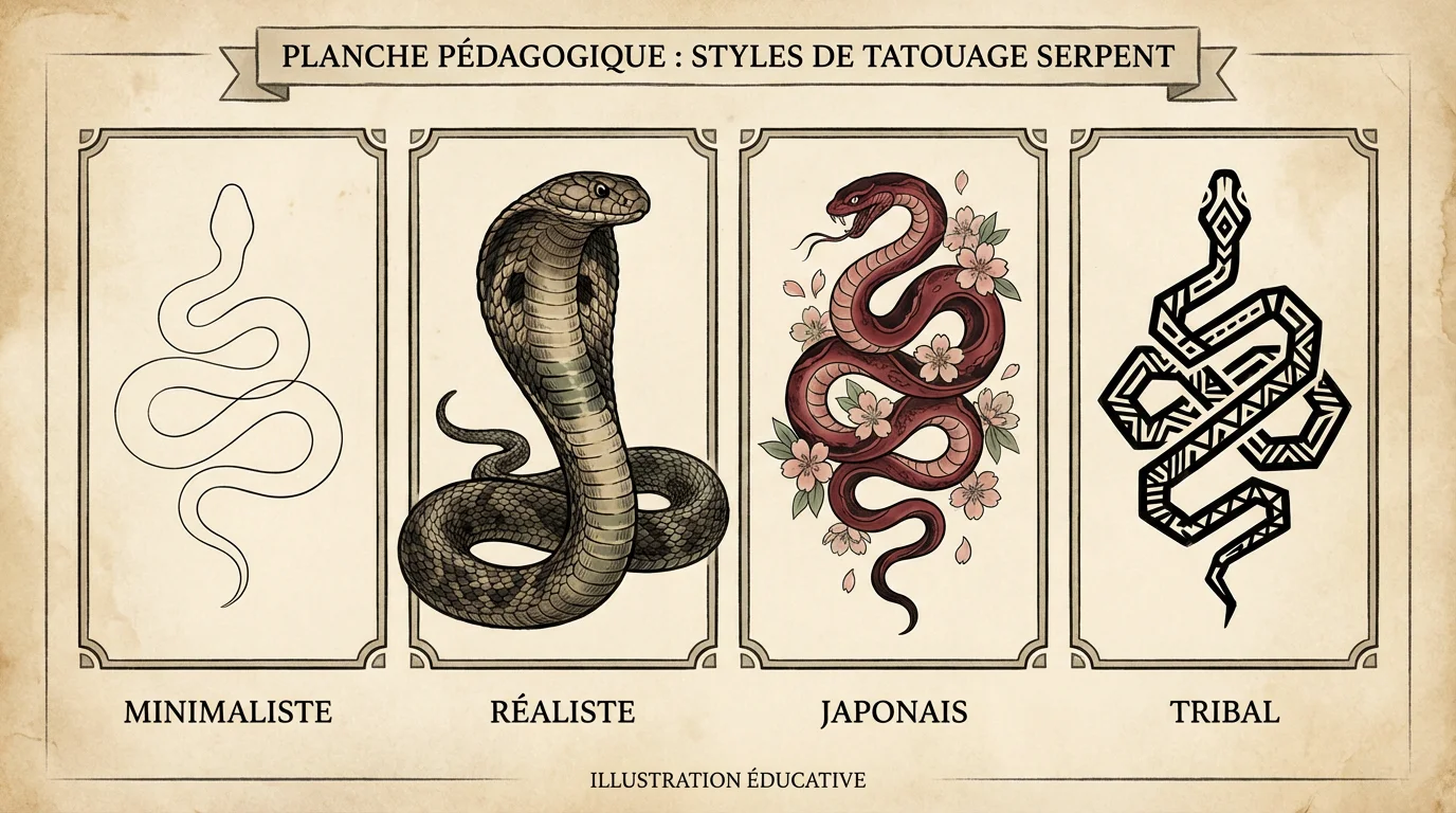 Illustration comparative de quatre styles artistiques de tatouage serpent : minimaliste, réaliste, japonais et tribal