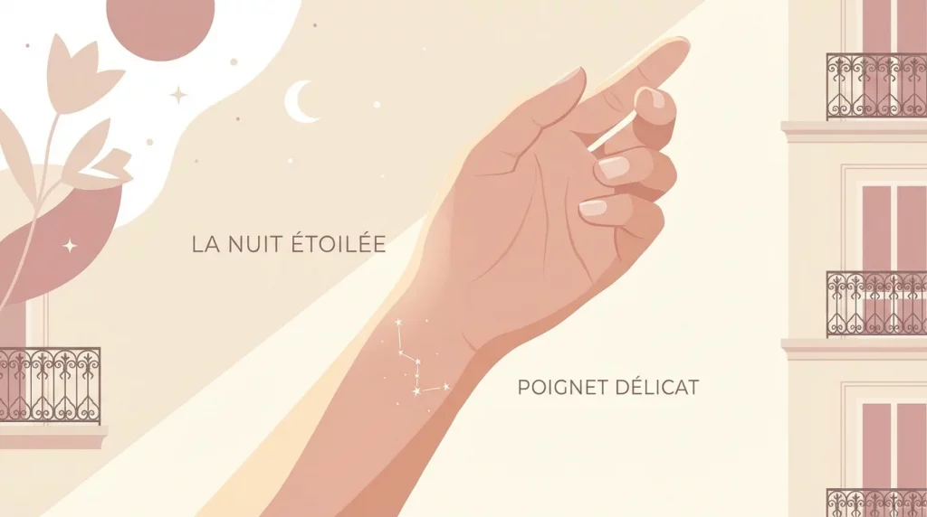 Illustration d'un tatouage white ink discret en forme de constellation sur un poignet féminin