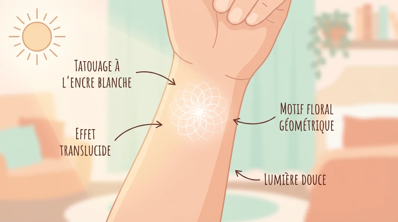 Illustration d'un tatouage à l'encre blanche sur un avant-bras montrant l'effet subtil et discret du white ink tattoo