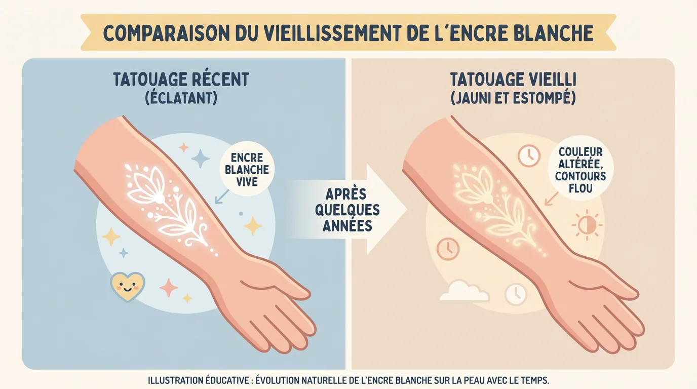 Illustration comparative montrant l'évolution d'un tatouage blanc dans le temps avec le jaunissement progressif