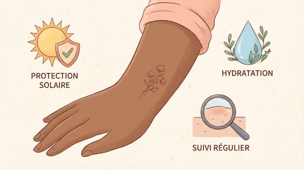 Illustration d'un tatouage minimaliste sur un bras avec les facteurs de longévité représentés