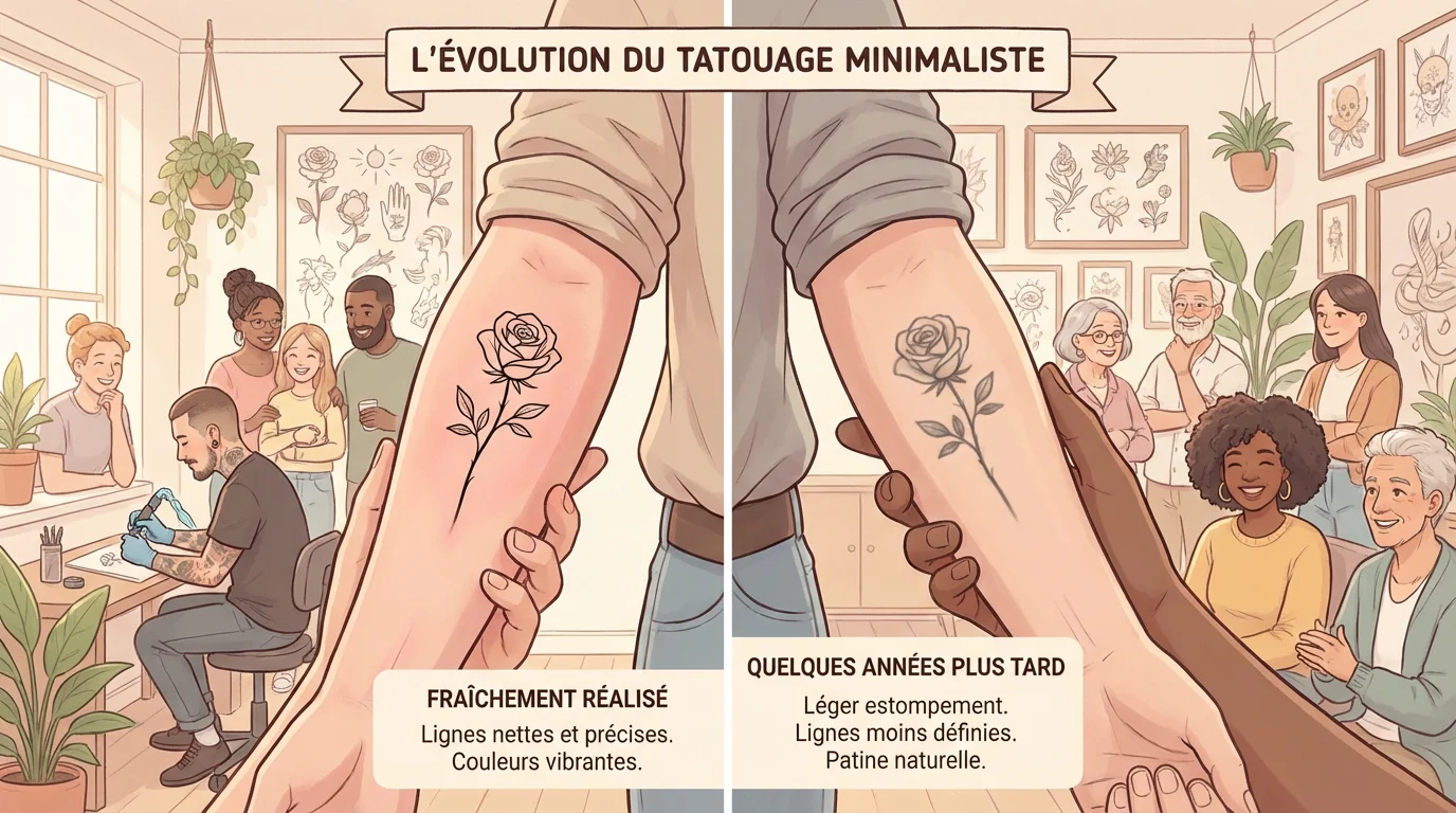 Illustration comparant un tatouage minimaliste frais et son évolution après quelques années