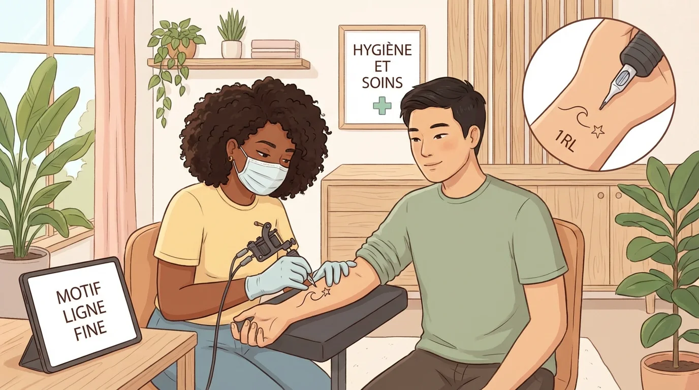 Illustration d'un tatoueur réalisant un tatouage minimaliste au trait fin dans un atelier professionnel