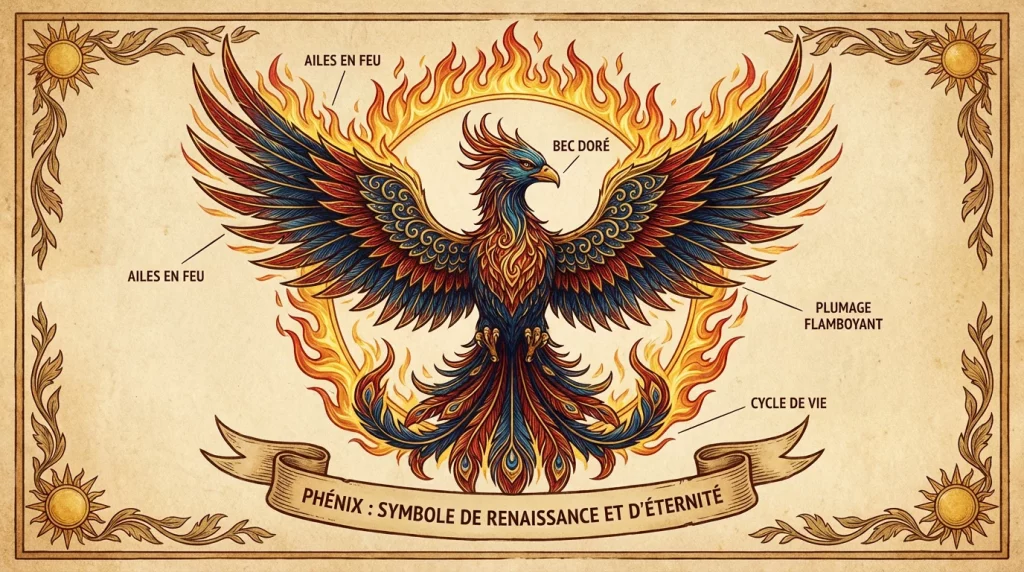 Illustration d'un phénix majestueux déployant ses ailes dans des flammes dorées et rouges