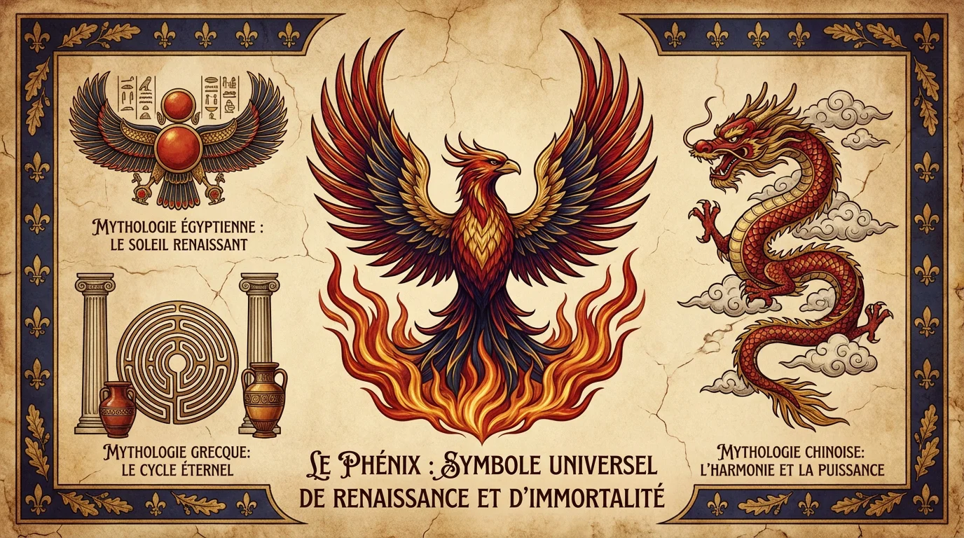 Illustration d'un phénix entouré de symboles mythologiques égyptiens, grecs et chinois
