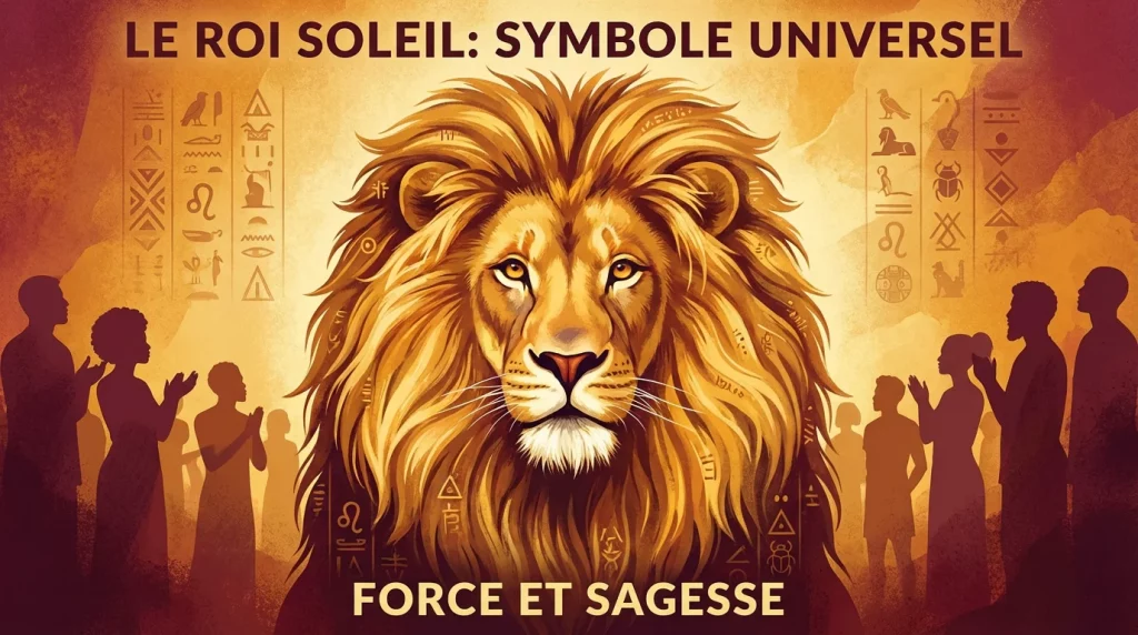 Illustration majestueuse d'un lion doré entouré de symboles culturels représentant les significations du tatouage lion
