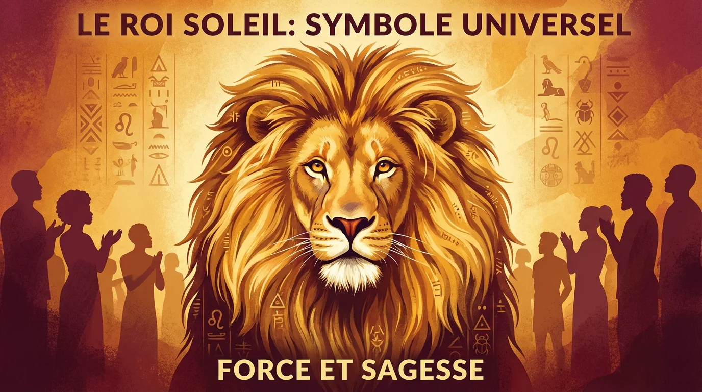 Illustration majestueuse d'un lion doré entouré de symboles culturels représentant les significations du tatouage lion